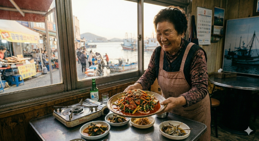 3어판장이 보이는 창가, 푸짐한 서대회 무침에 함박꽃이 핀다.jpg
